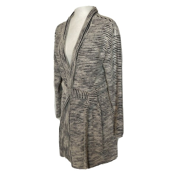 LOFT Sweaters - Loft Black and White Striped Longline Wrap around Coatigan with Waist Tie  NWOT